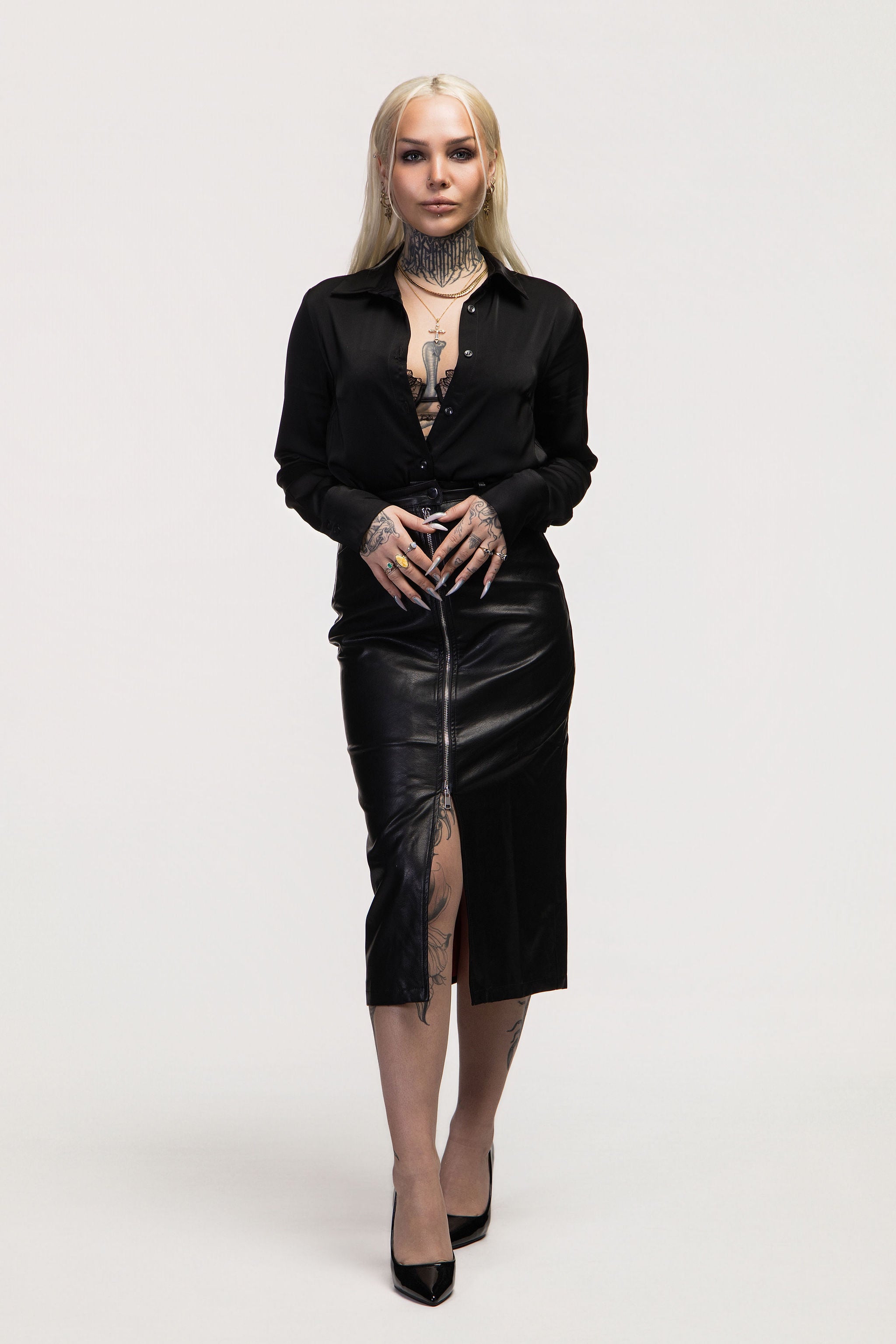 Black Faux Leather Midi Skirt