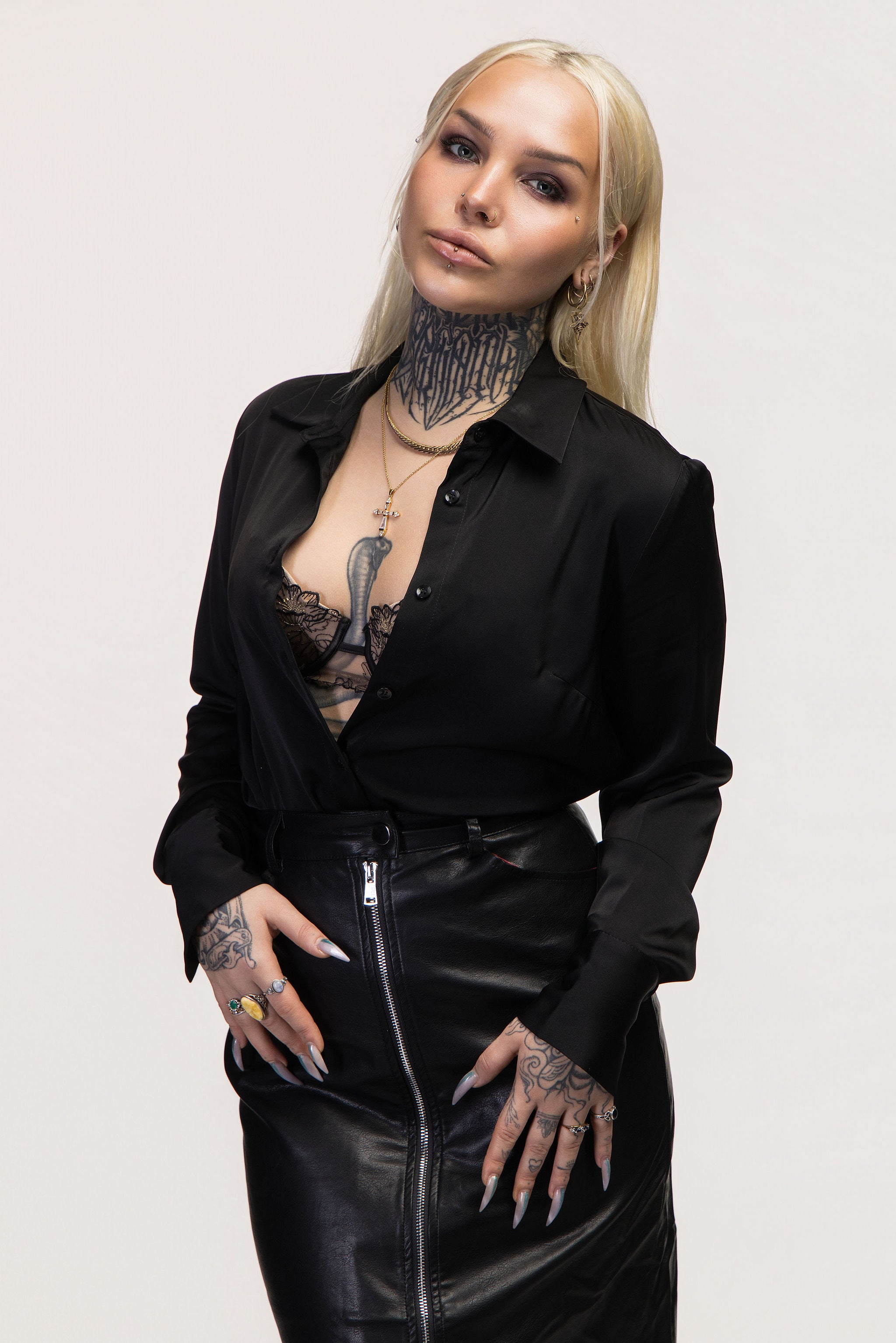 Black Satin Shirt with Notched Collar