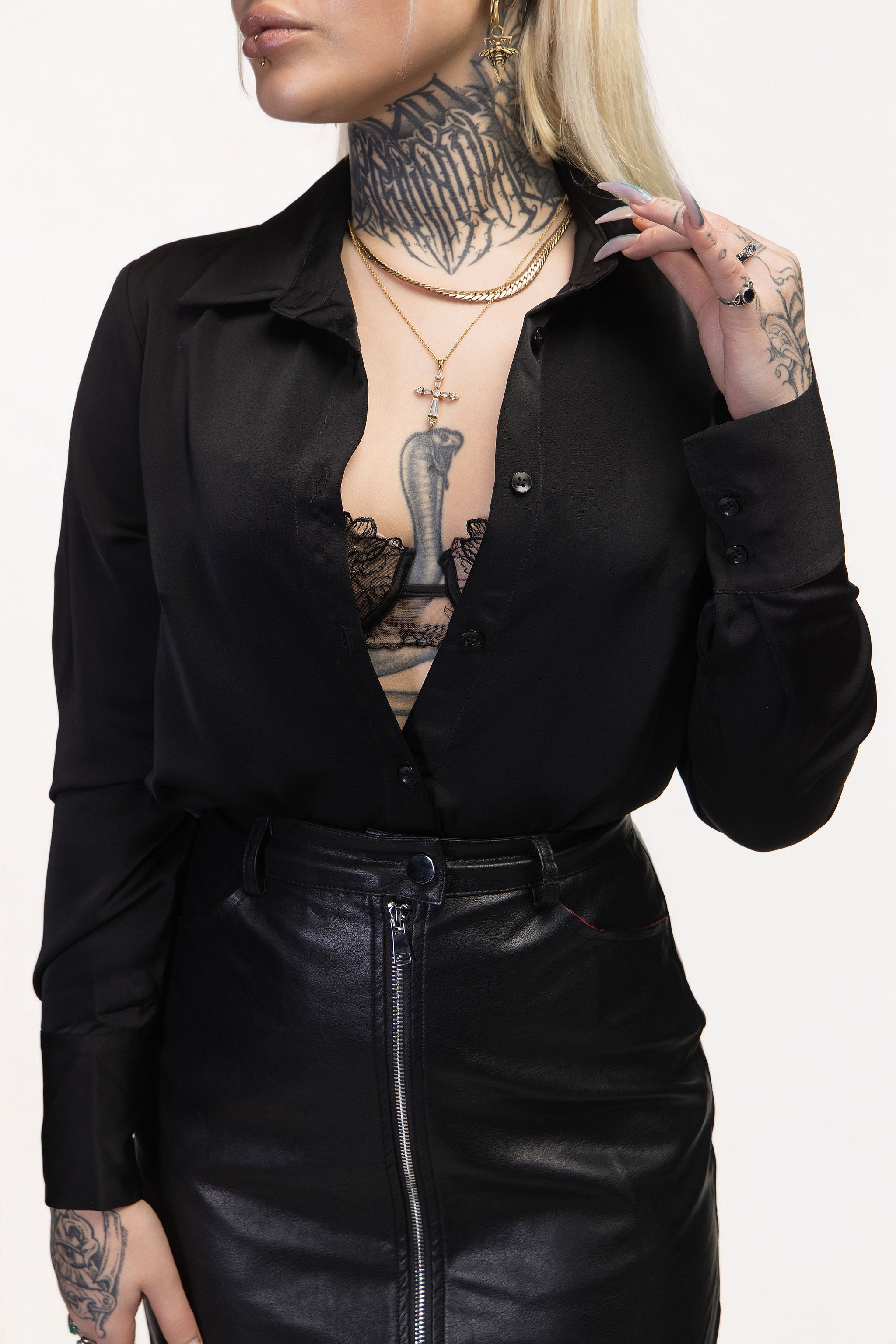 Black Satin Shirt with Notched Collar