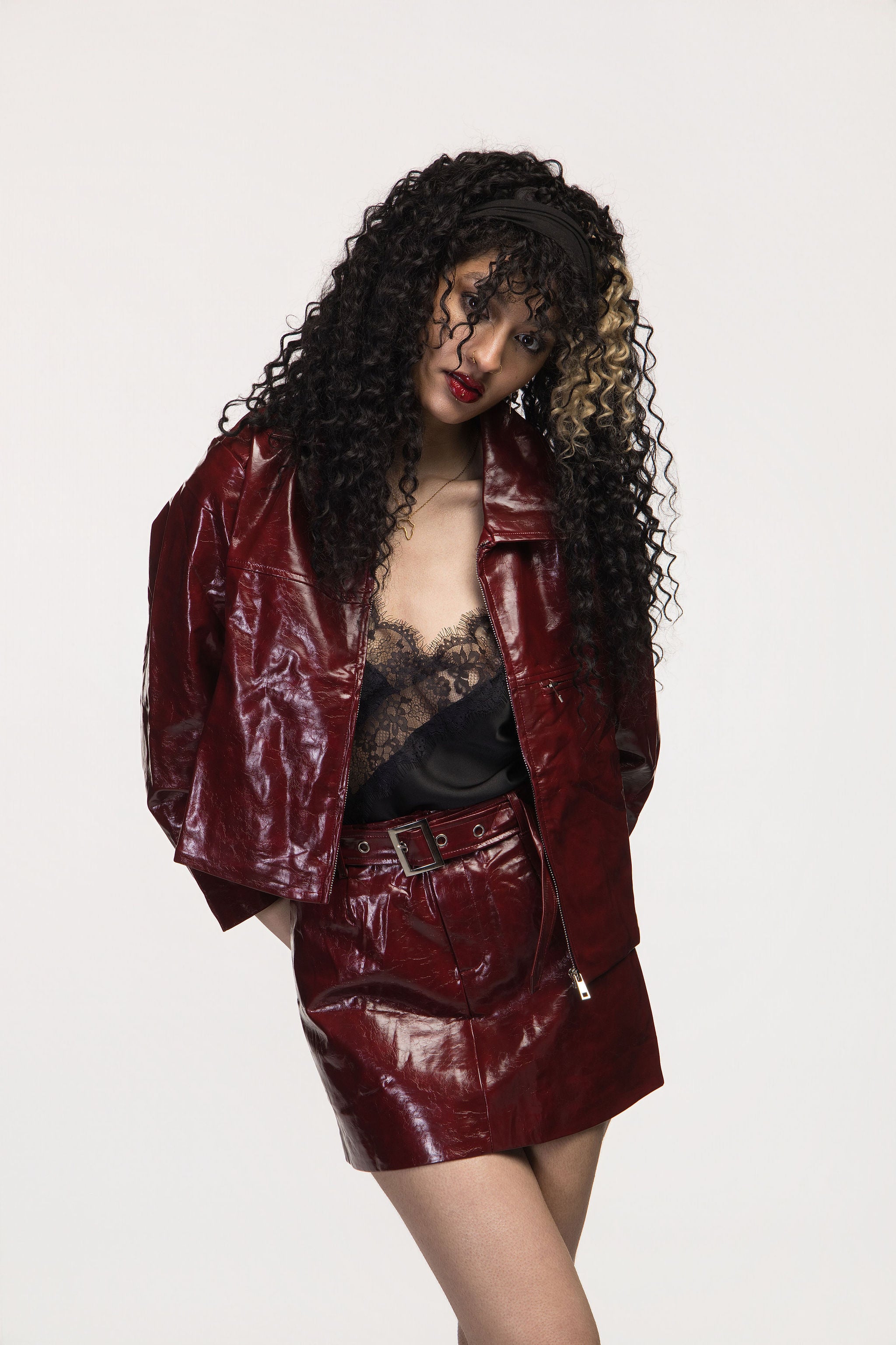 Red Crackled Faux Leather Shirt Collar Jacket