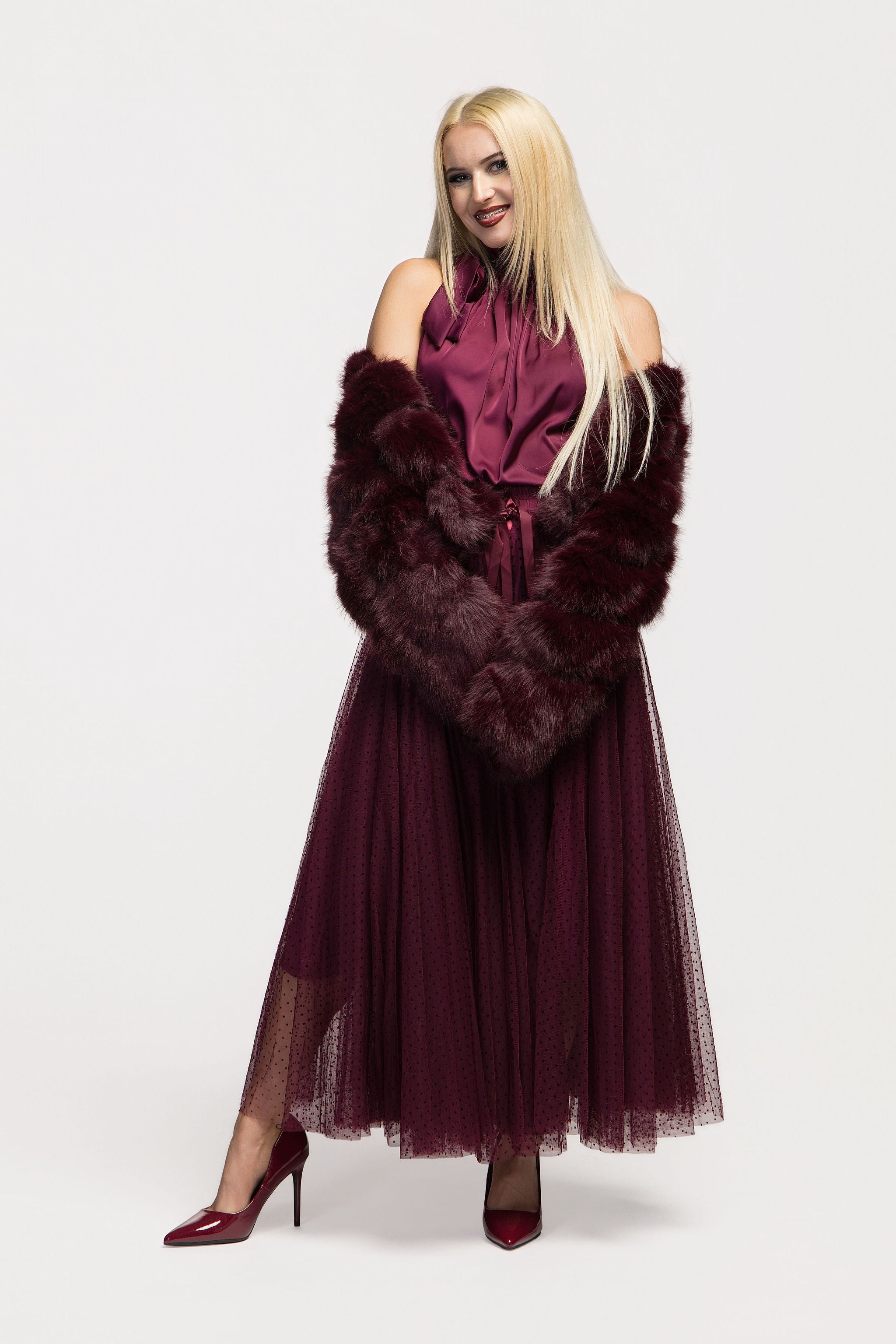 Paula Bordeaux Short Faux Fur Coat