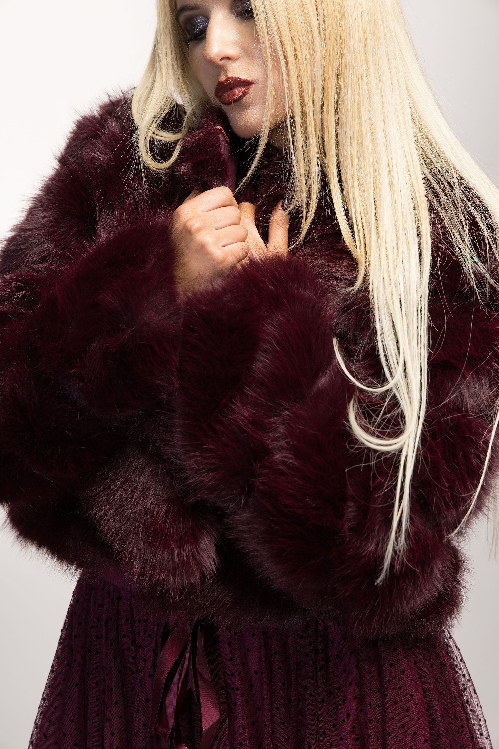 Paula Bordeaux Short Faux Fur Coat