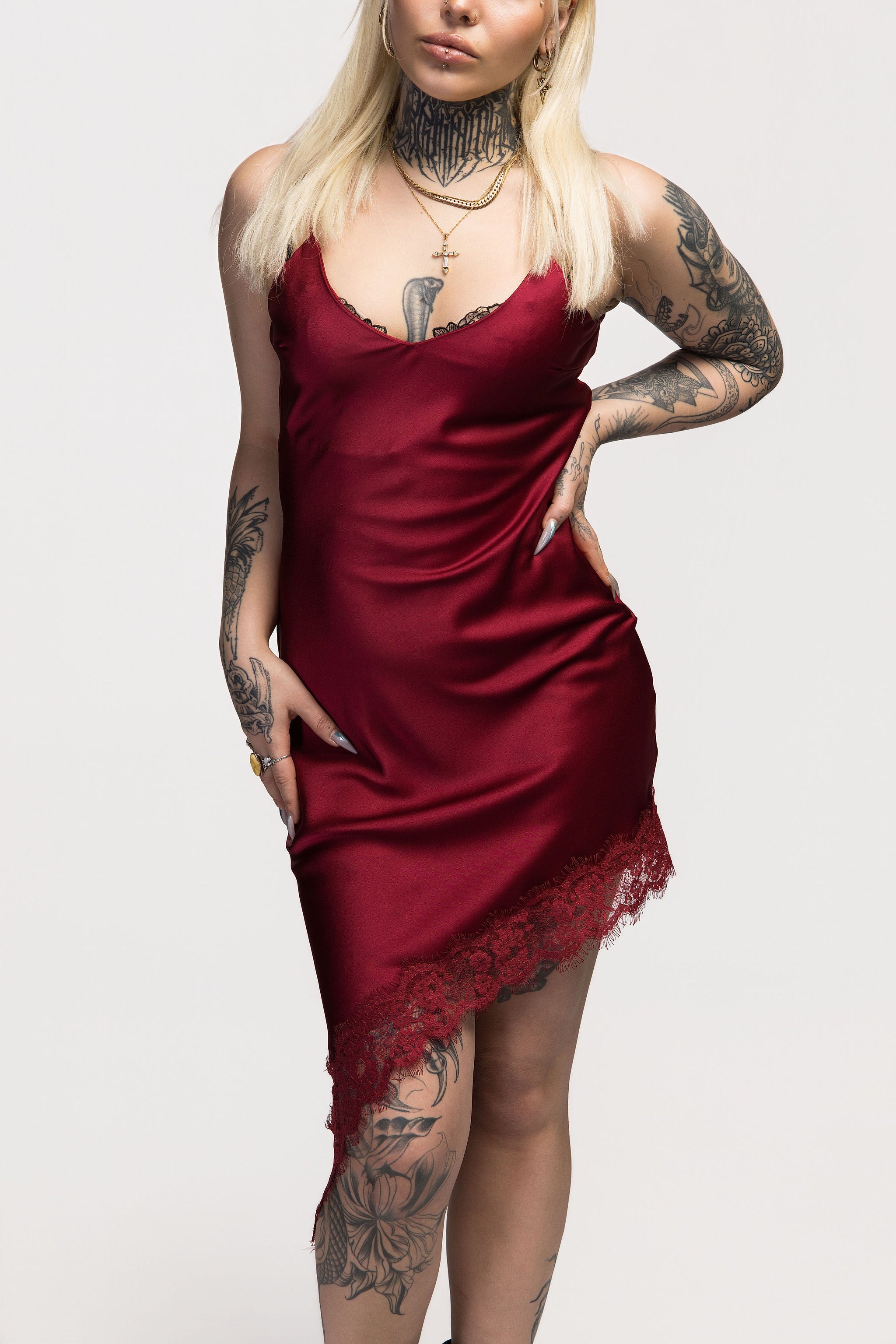 Bordeaux Asymmetrical Strap Satin Mini Dress