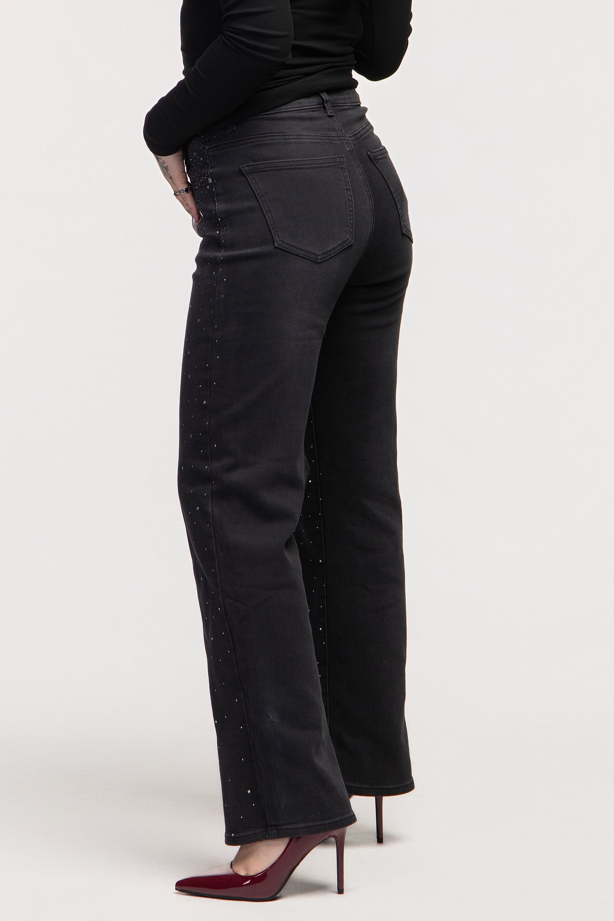 Black Rhinestone Wide-Leg Jeans