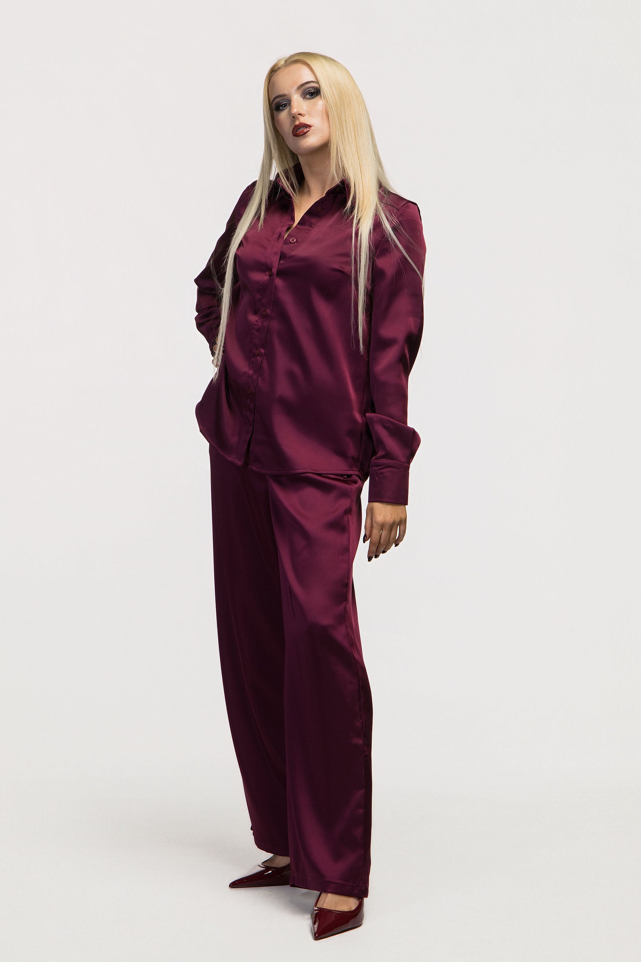 Burgundy Satin Two-Piece Set
