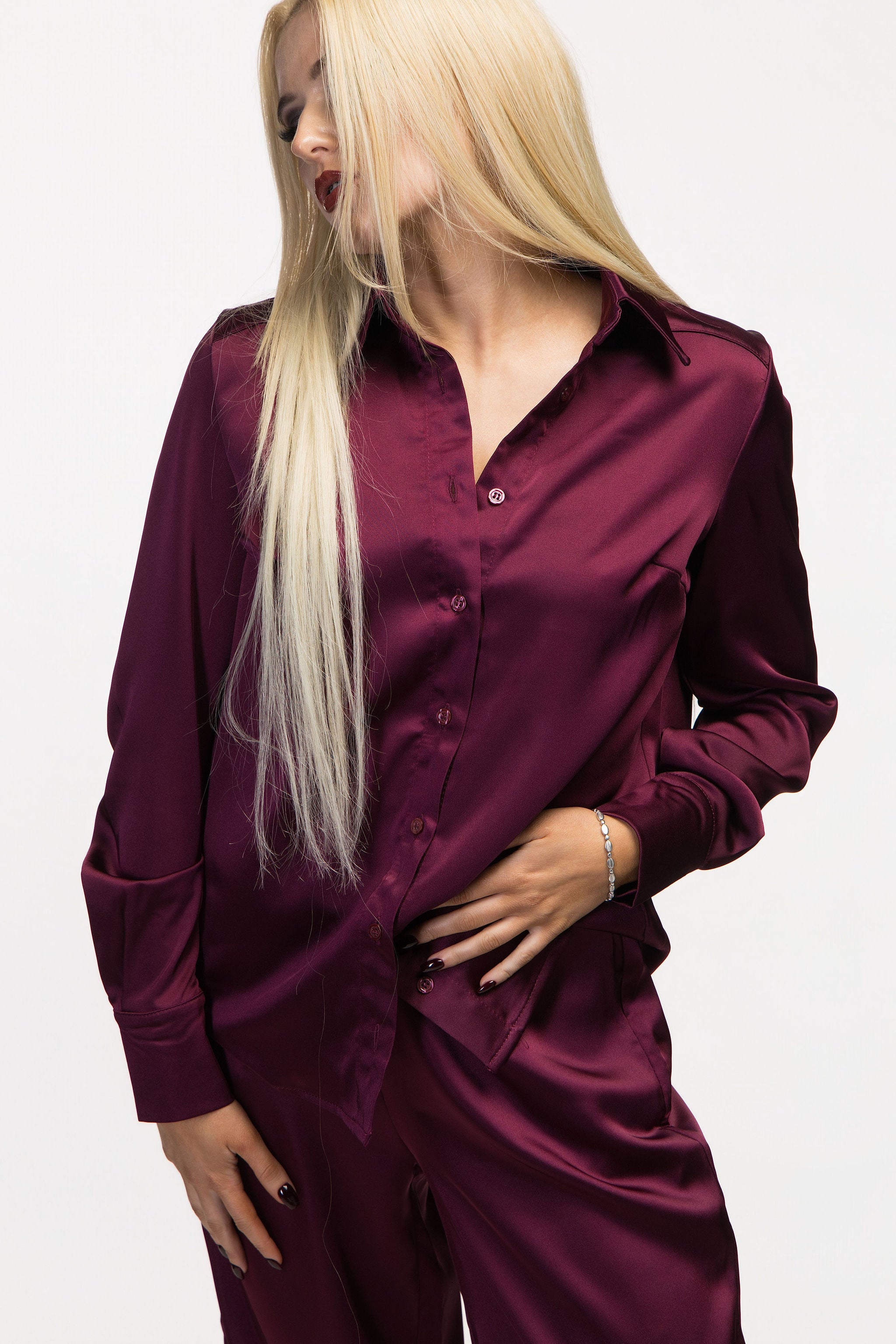 Burgundy Satin Two-Piece Set