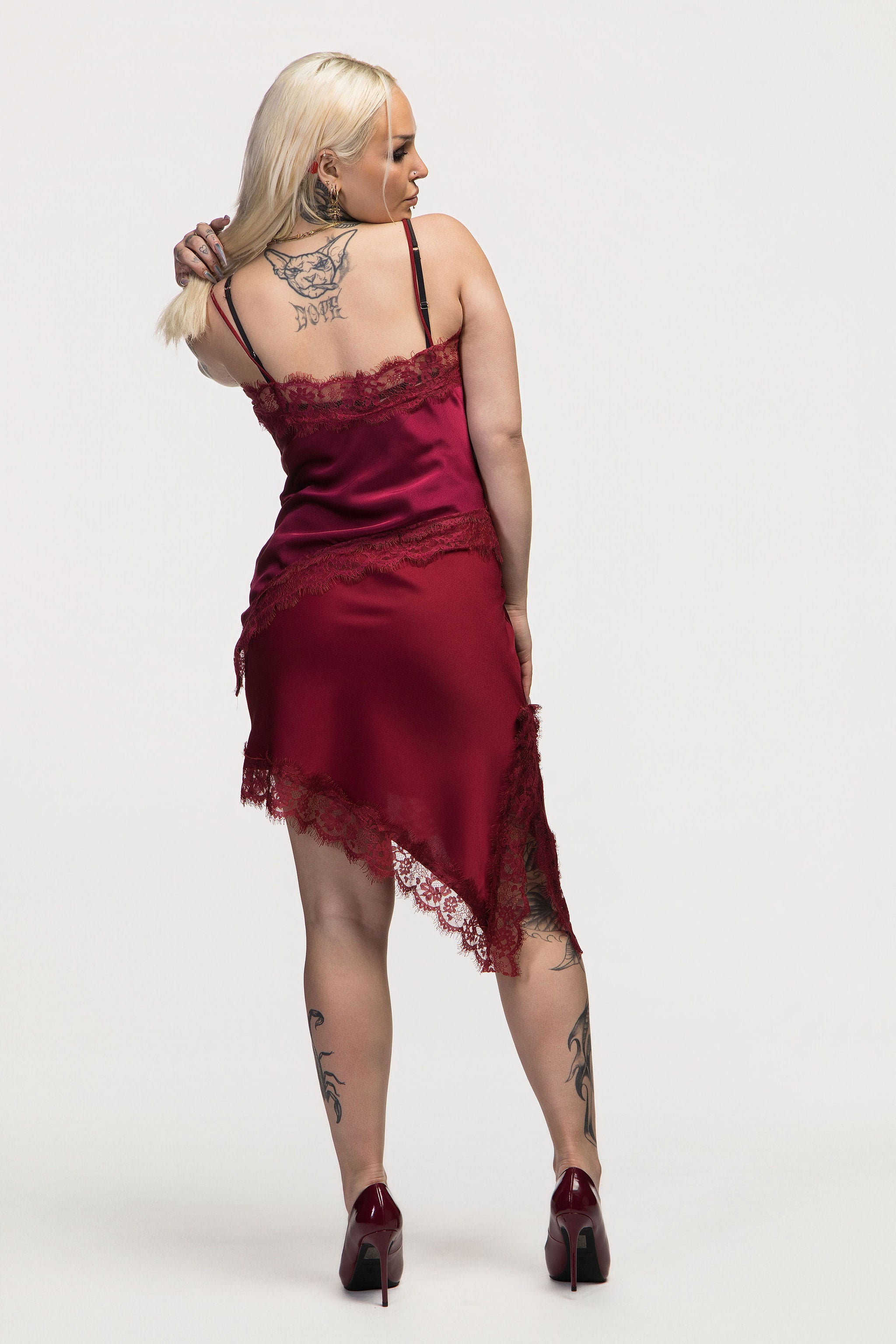 Bordeaux Satin Lace Midi Skirt