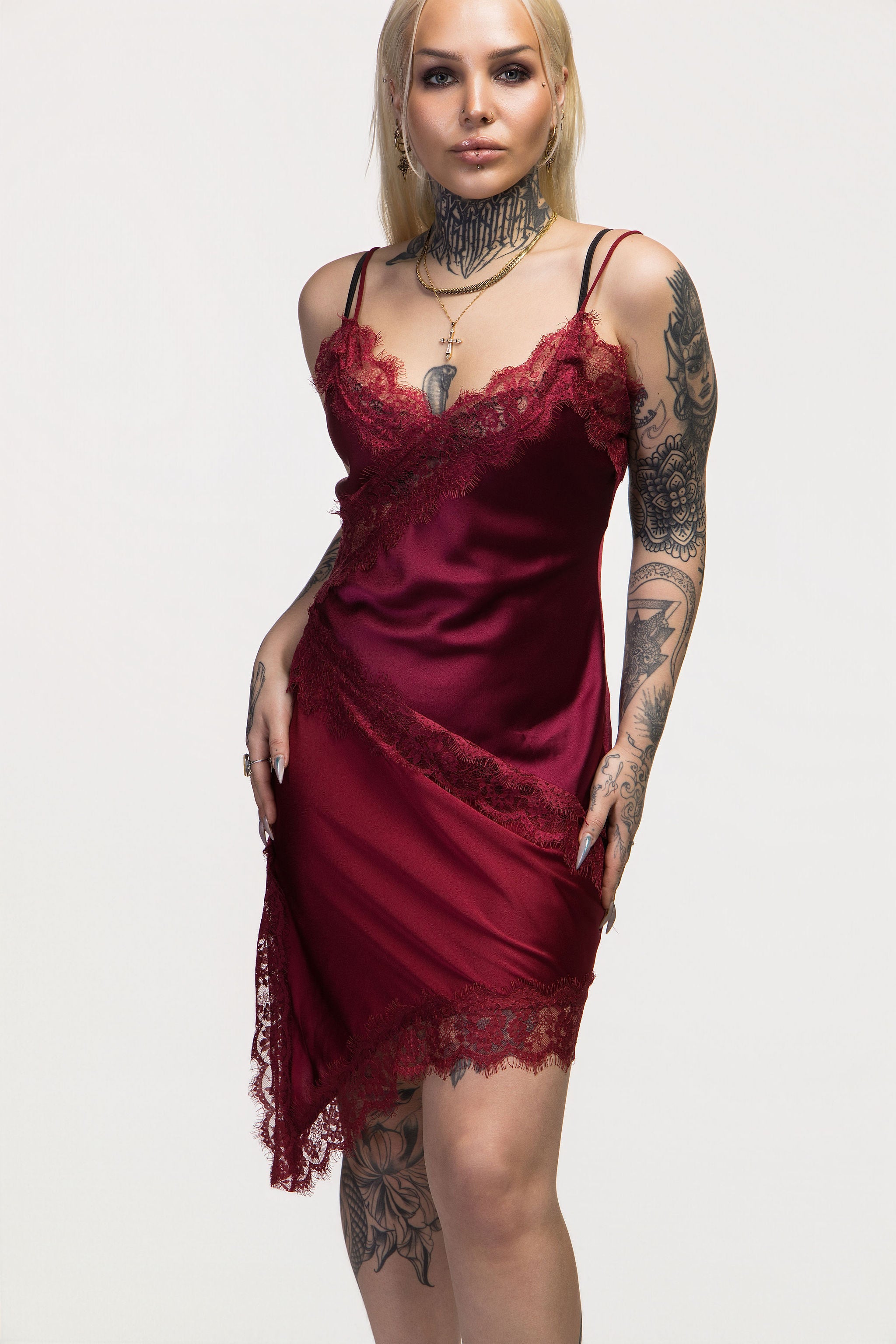 Bordeaux Satin Lace Midi Skirt