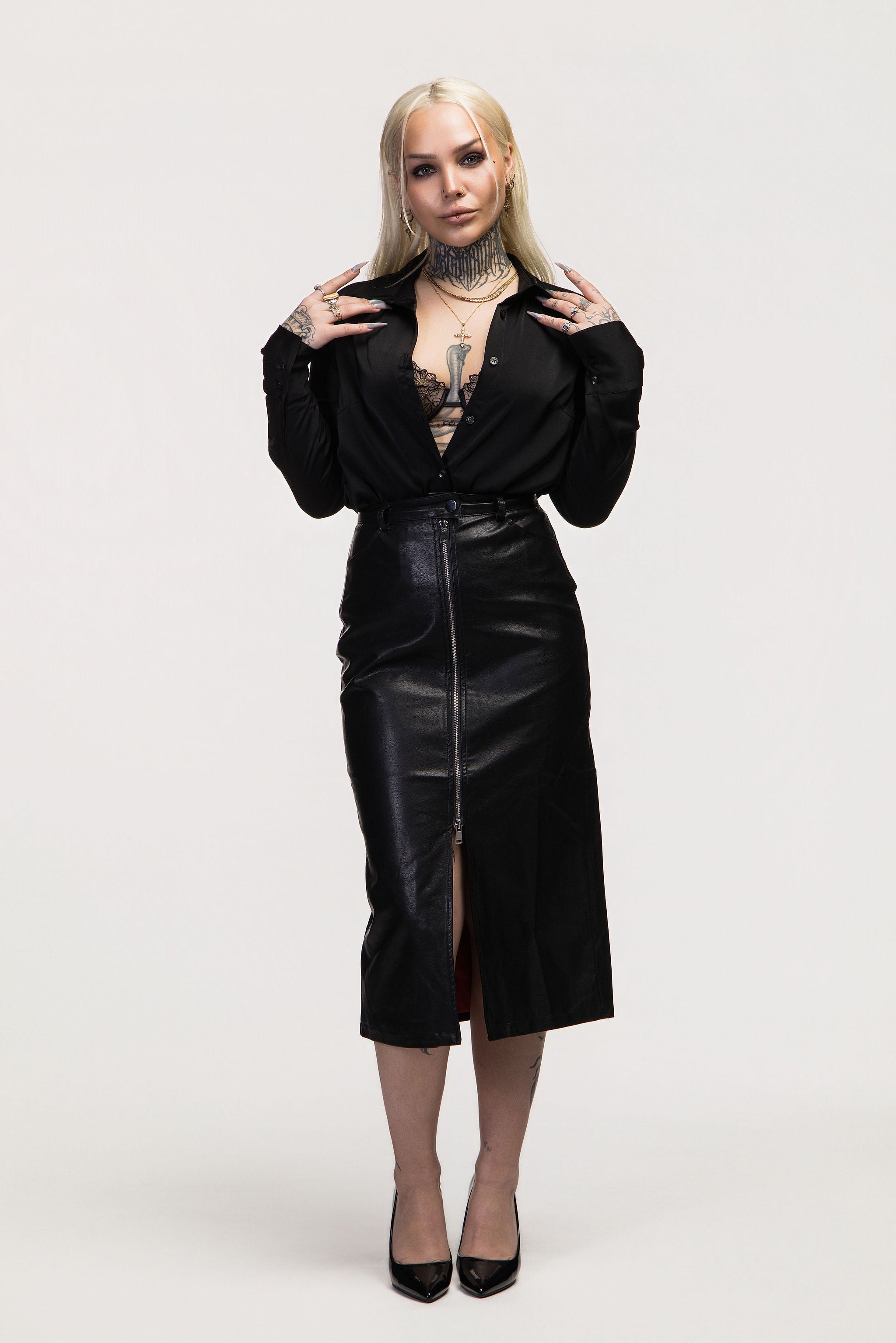 Black Faux Leather Midi Skirt