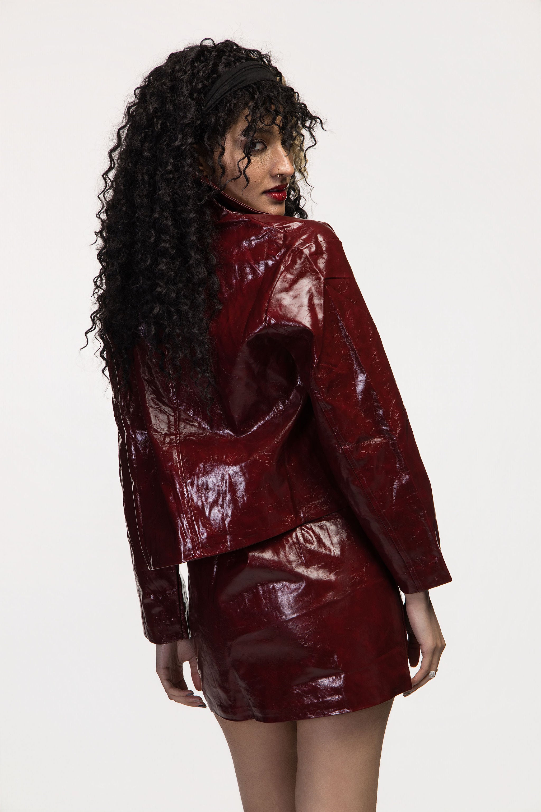 Red Crackled Faux Leather Shirt Collar Jacket