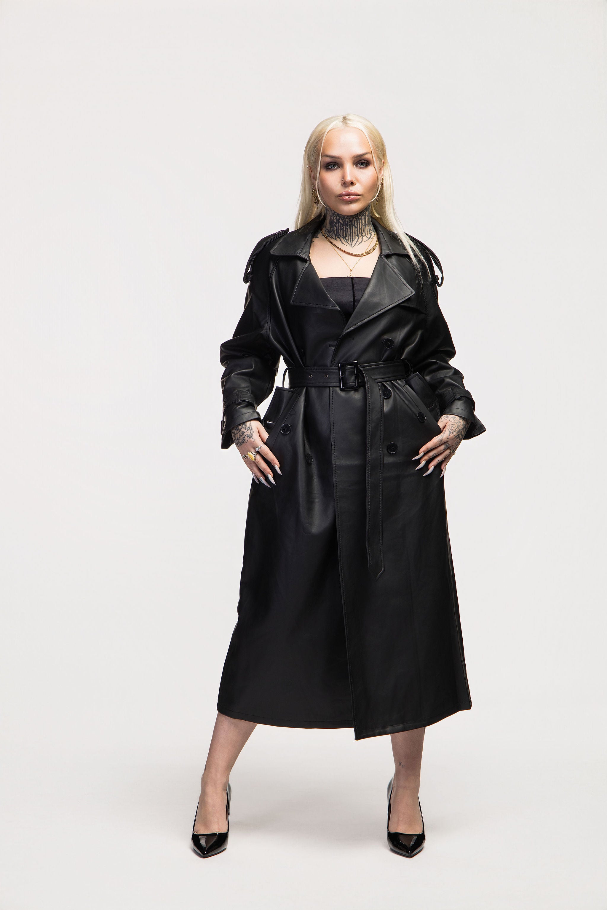 Black Long Vegan Leather Trench Coat