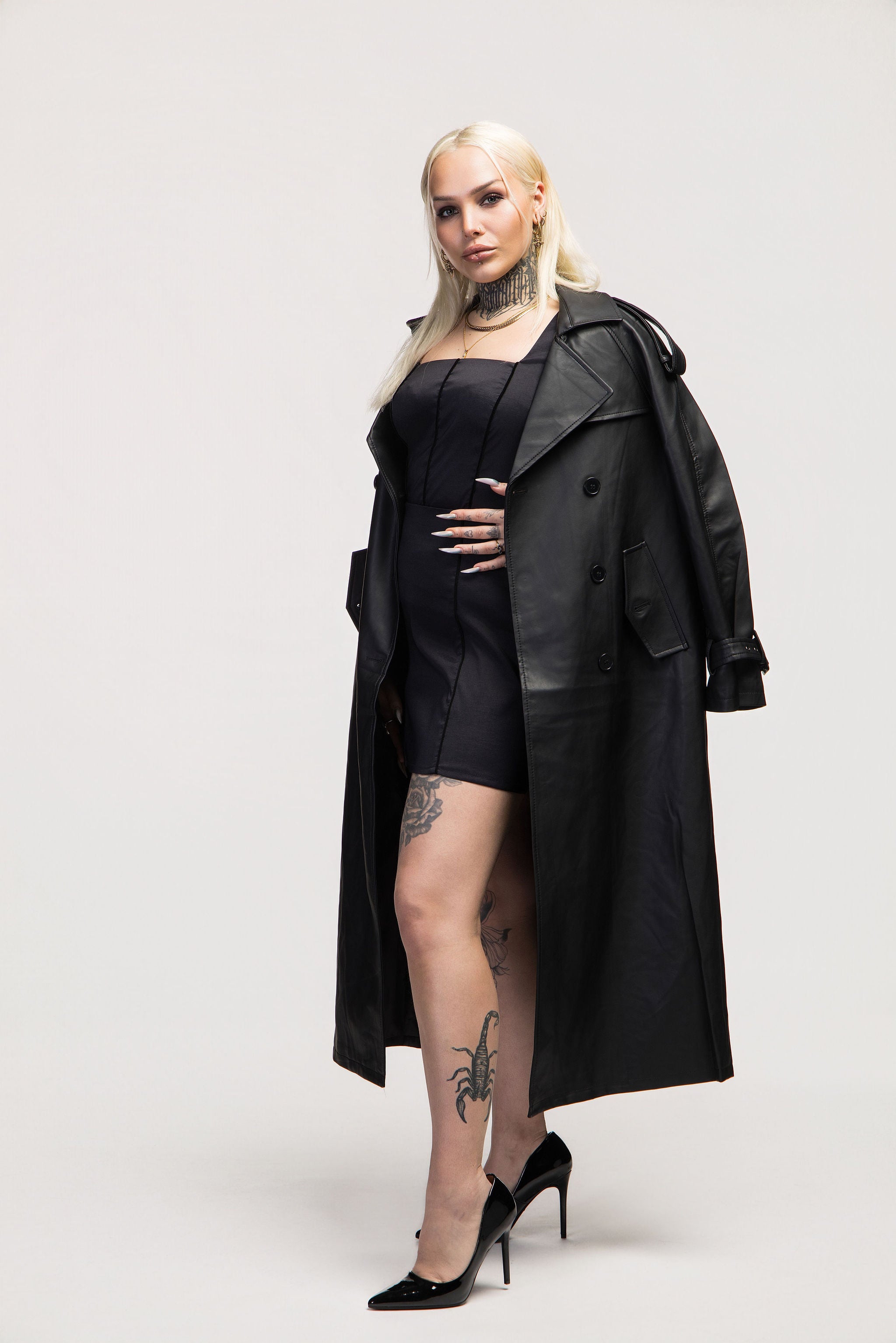 Black Long Vegan Leather Trench Coat