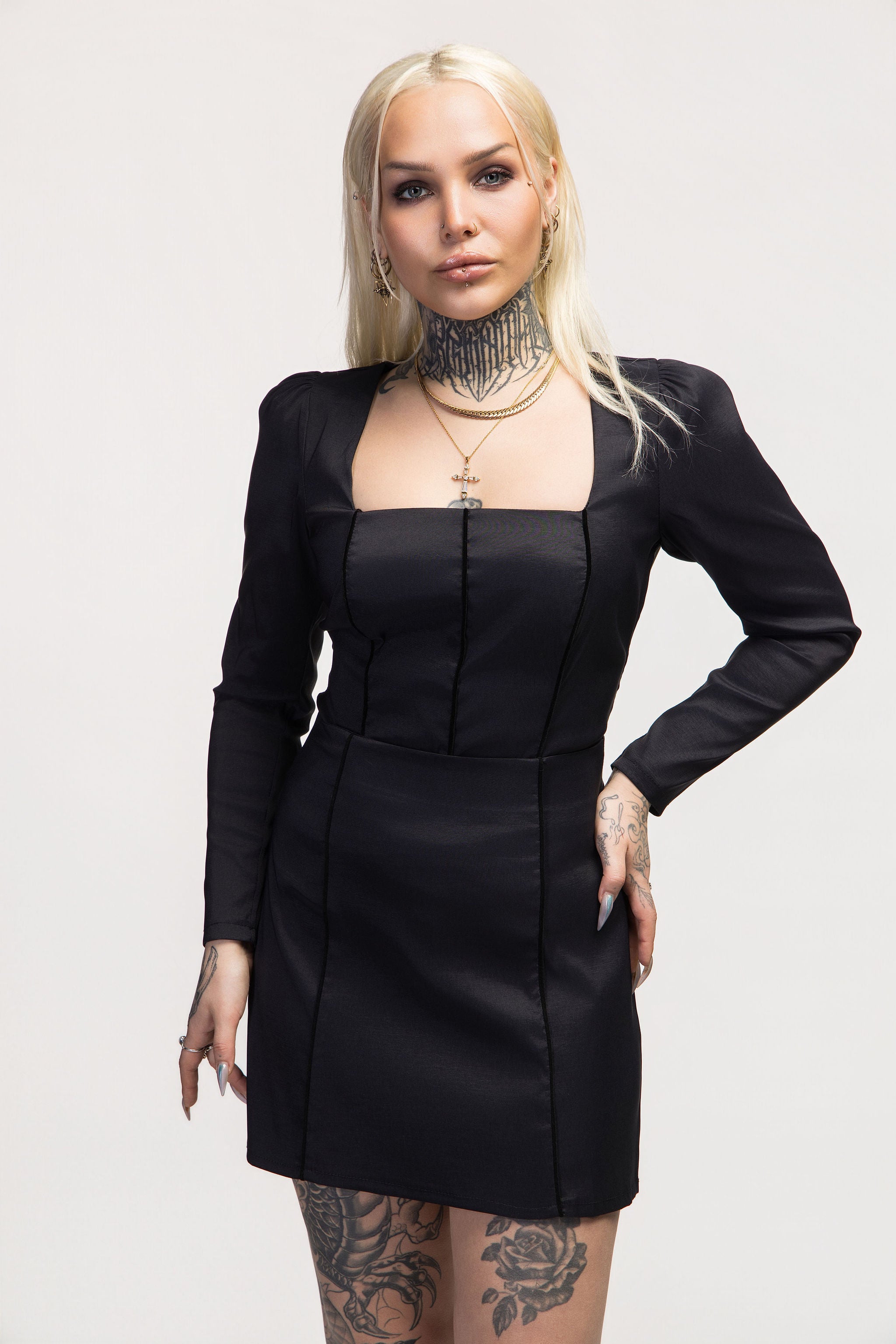 Denise Black Taffeta Top with Velvet Piping
