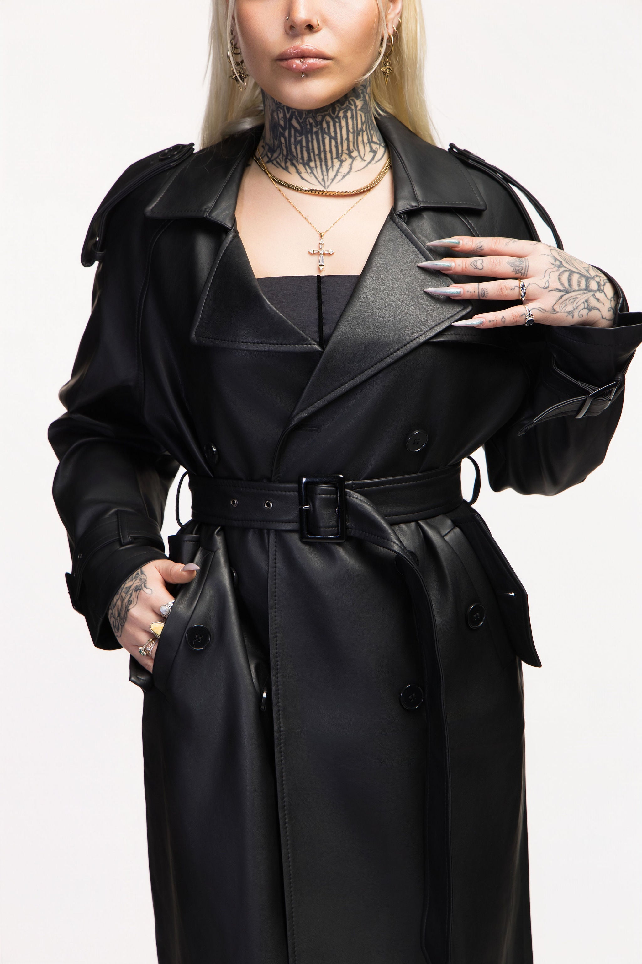 Black Long Vegan Leather Trench Coat