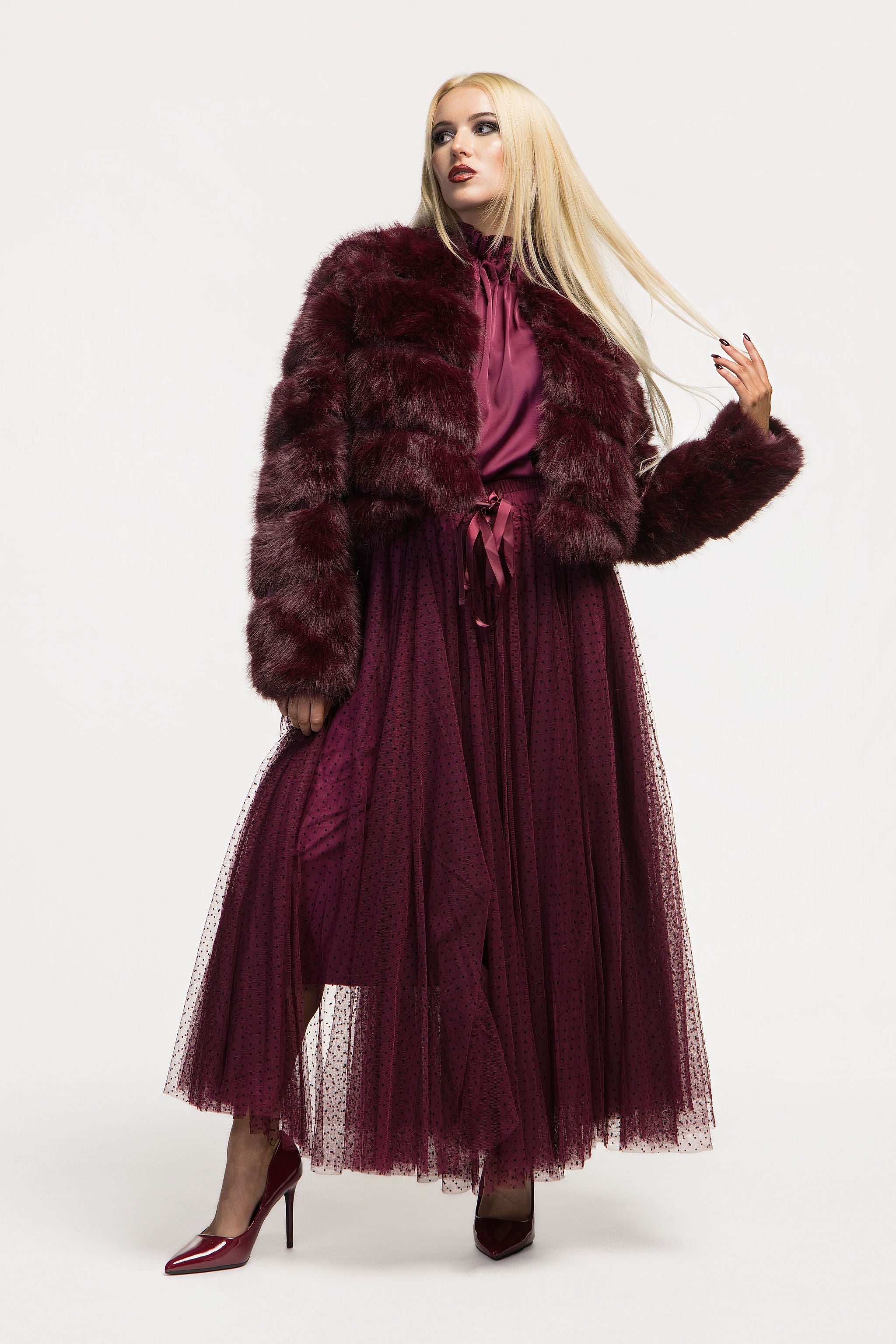 Paula Bordeaux Short Faux Fur Coat