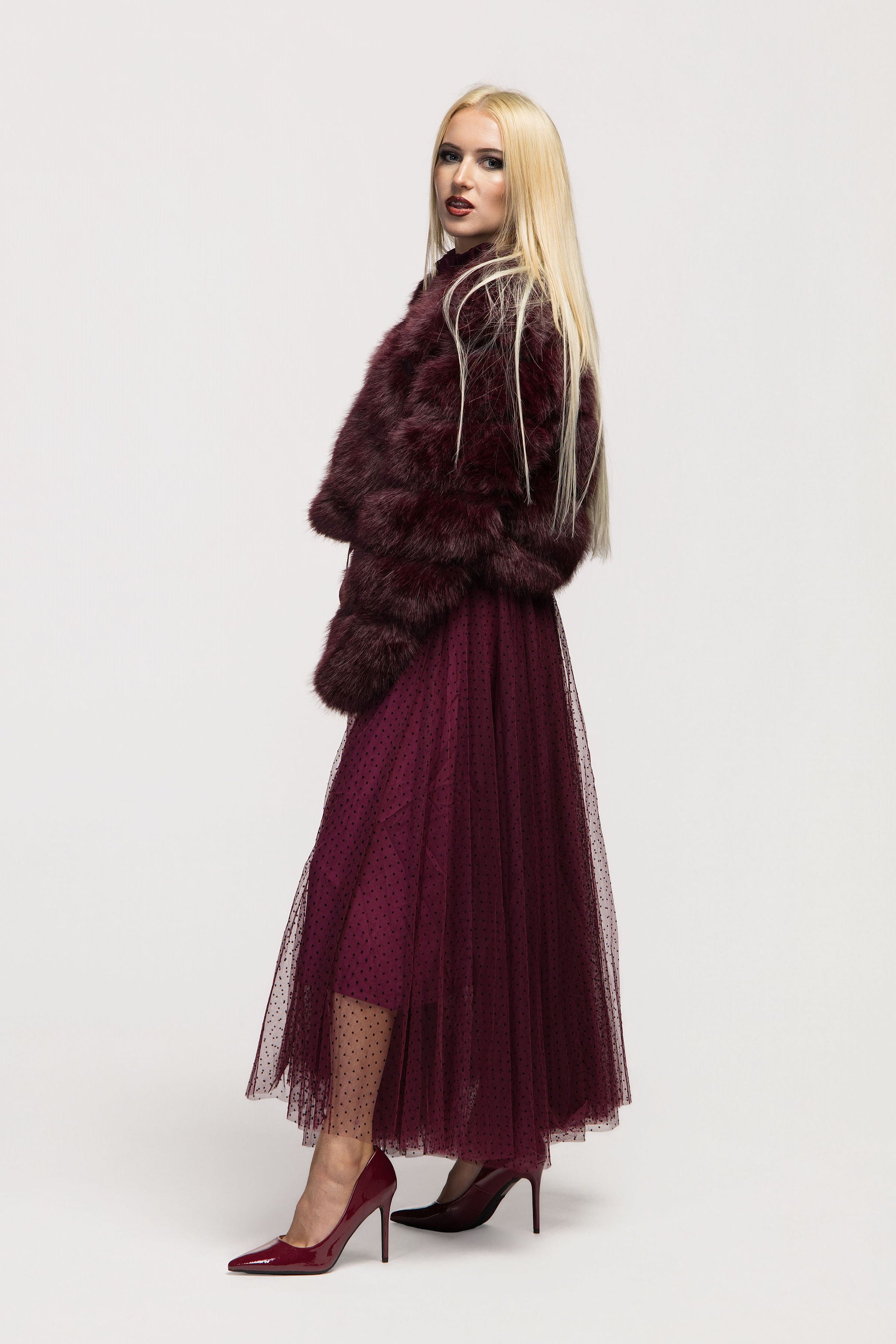Paula Bordeaux Short Faux Fur Coat