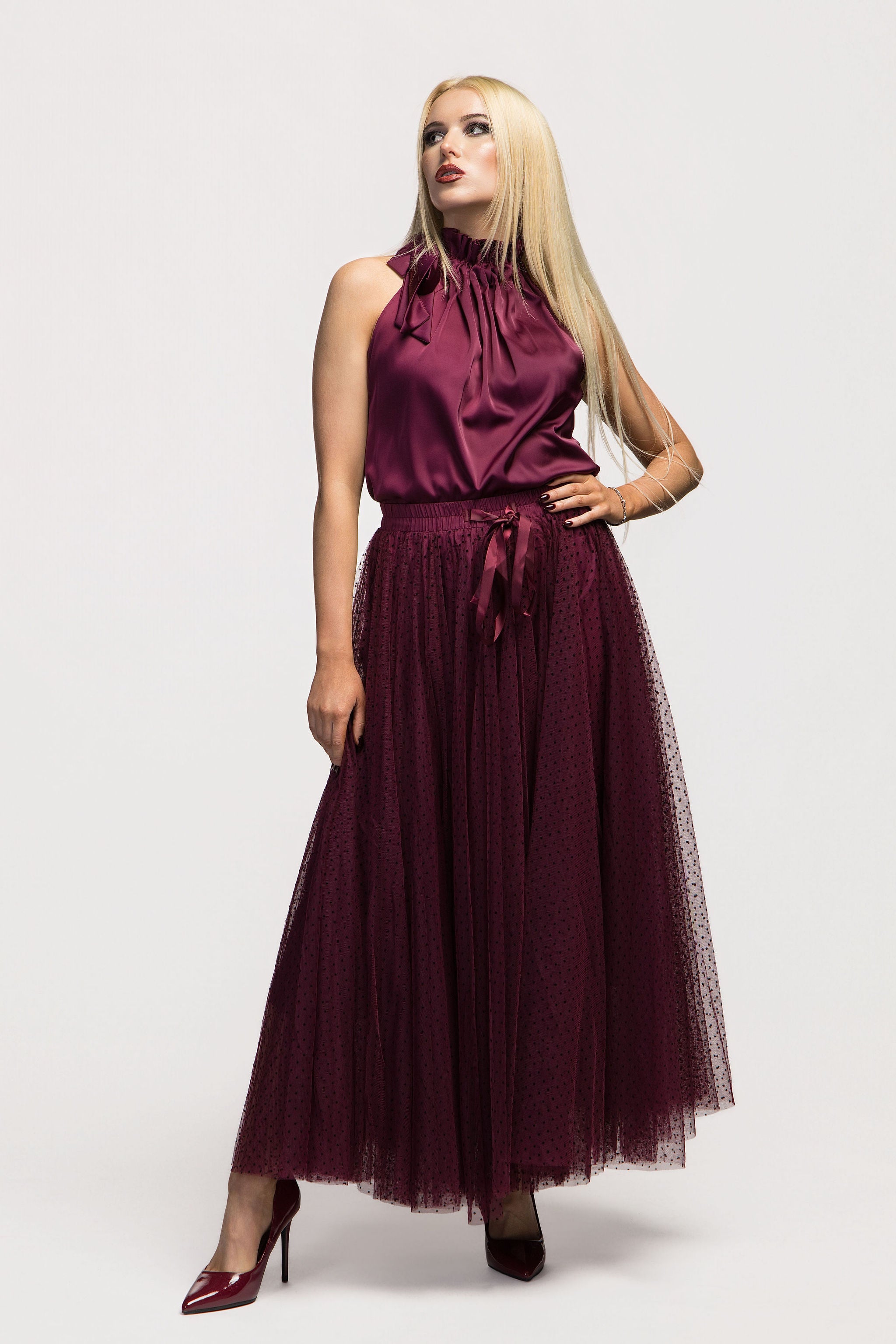 Elisabeth Satin Top with Bow Collar
