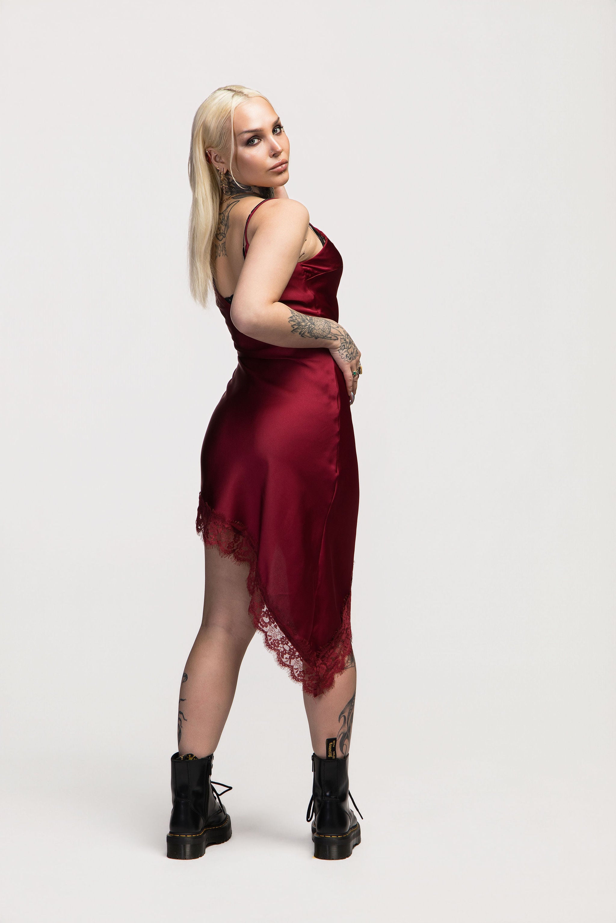 Bordeaux Asymmetrical Strap Satin Mini Dress