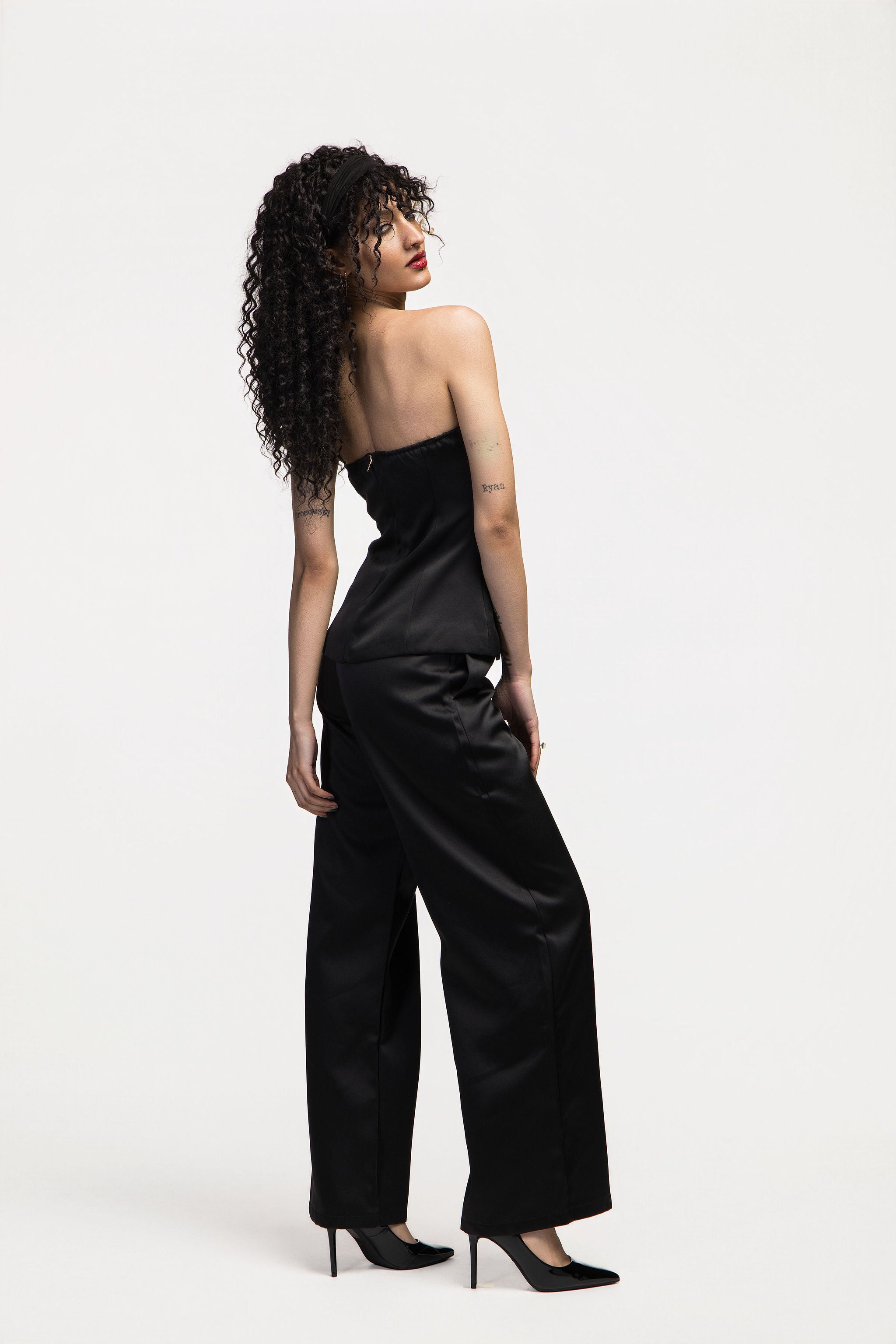 Black Satin Wide-Leg Trousers