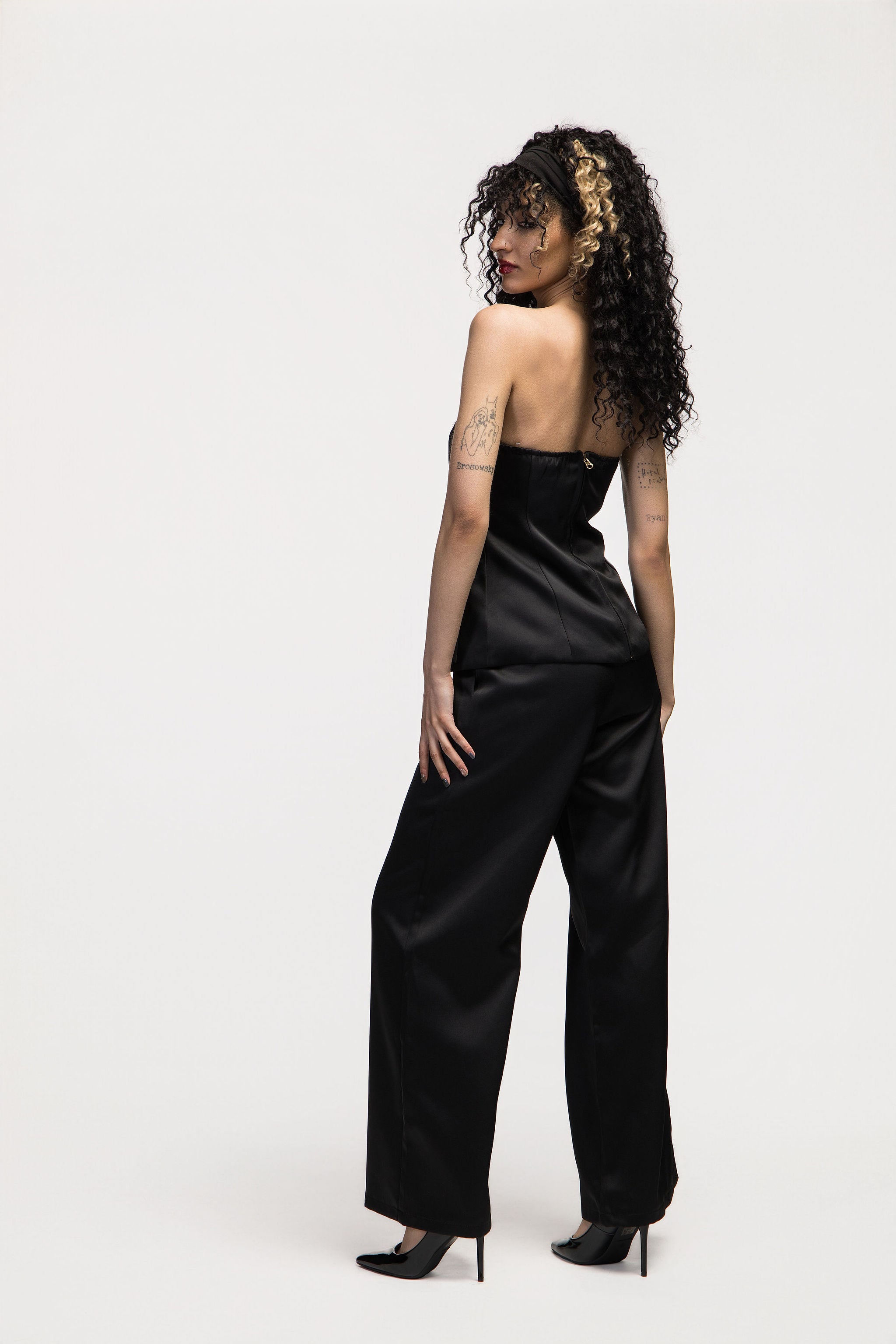 Black Satin Wide-Leg Trousers