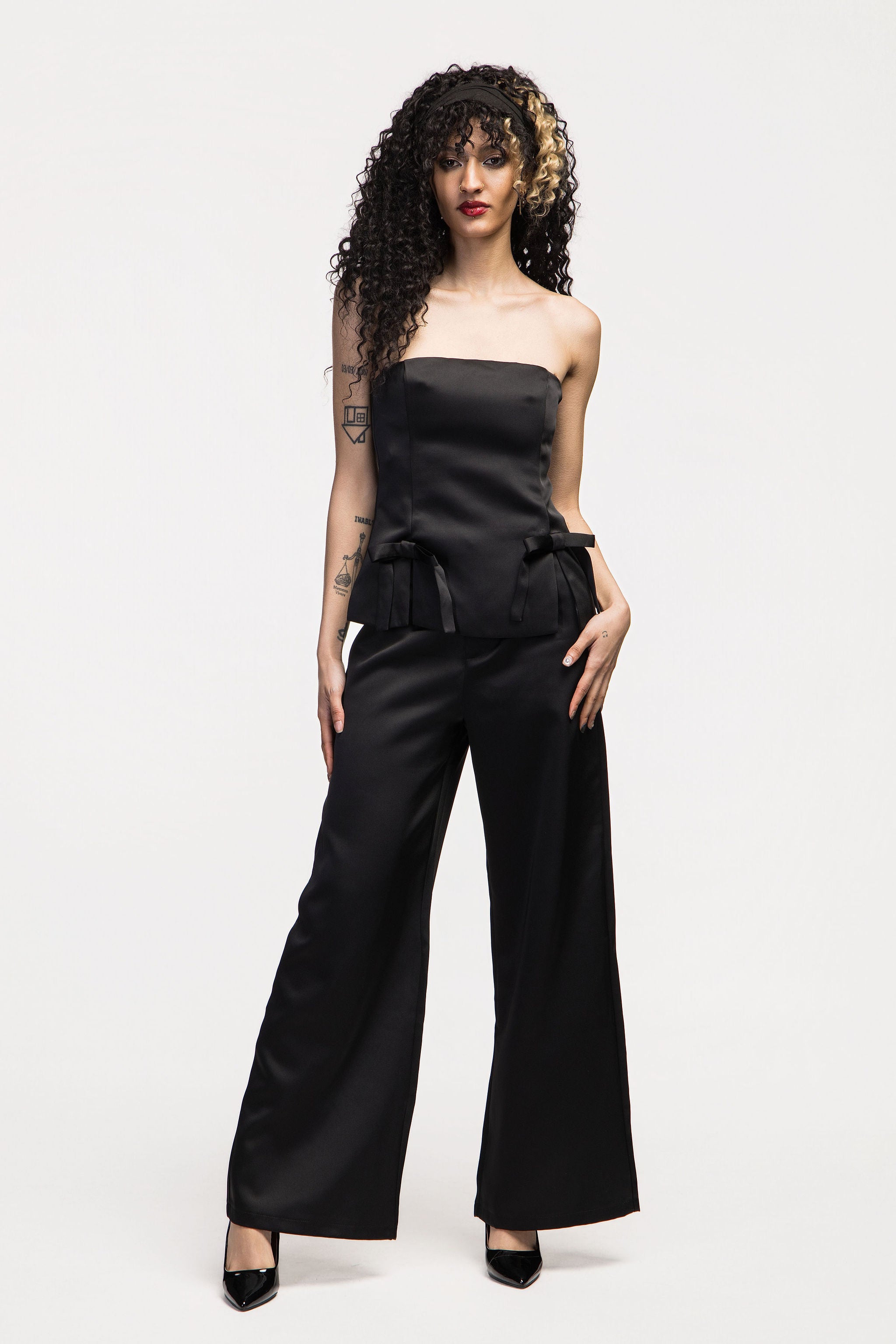 Black Satin Bustier Top with Bow