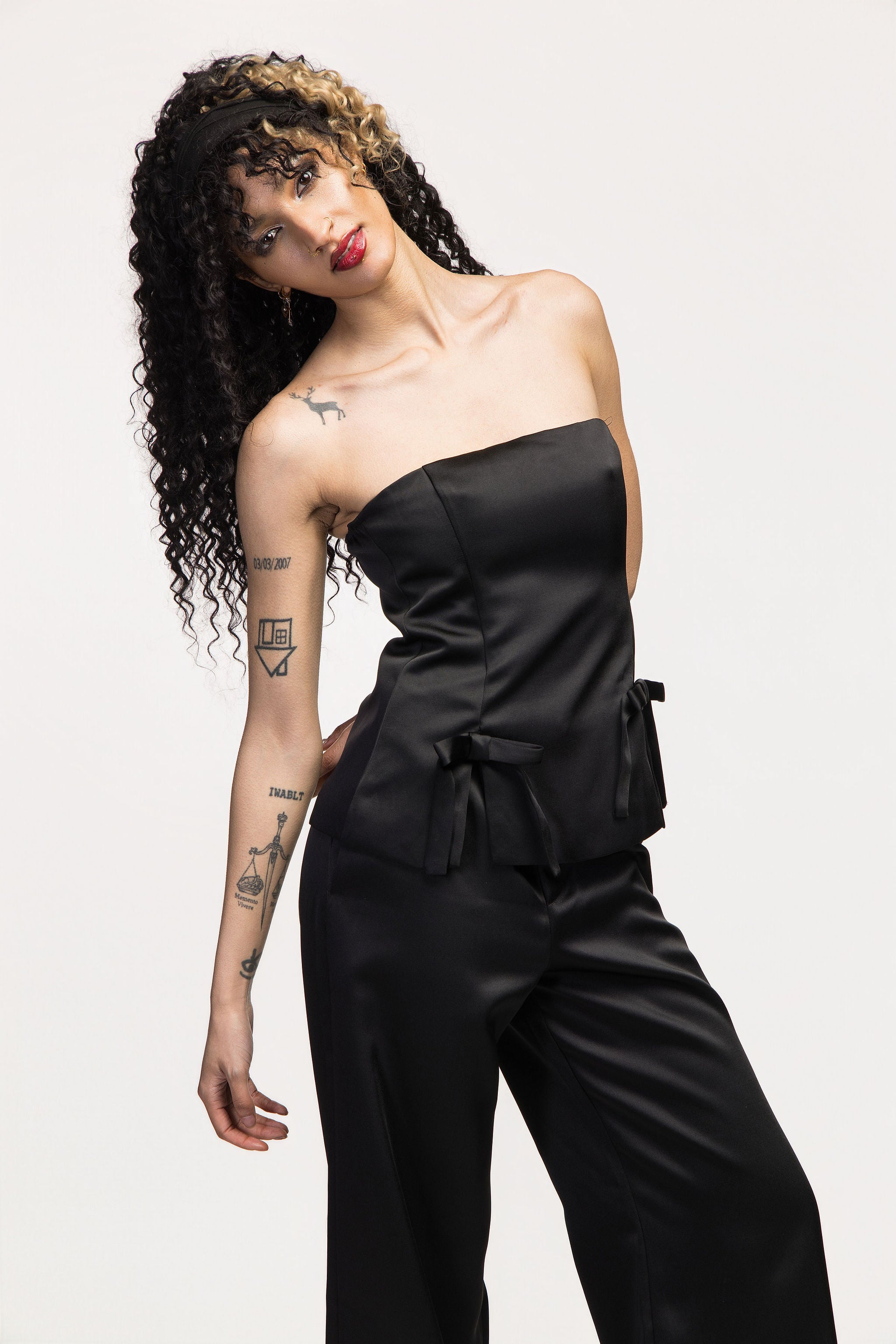 Black Satin Bustier Top with Bow