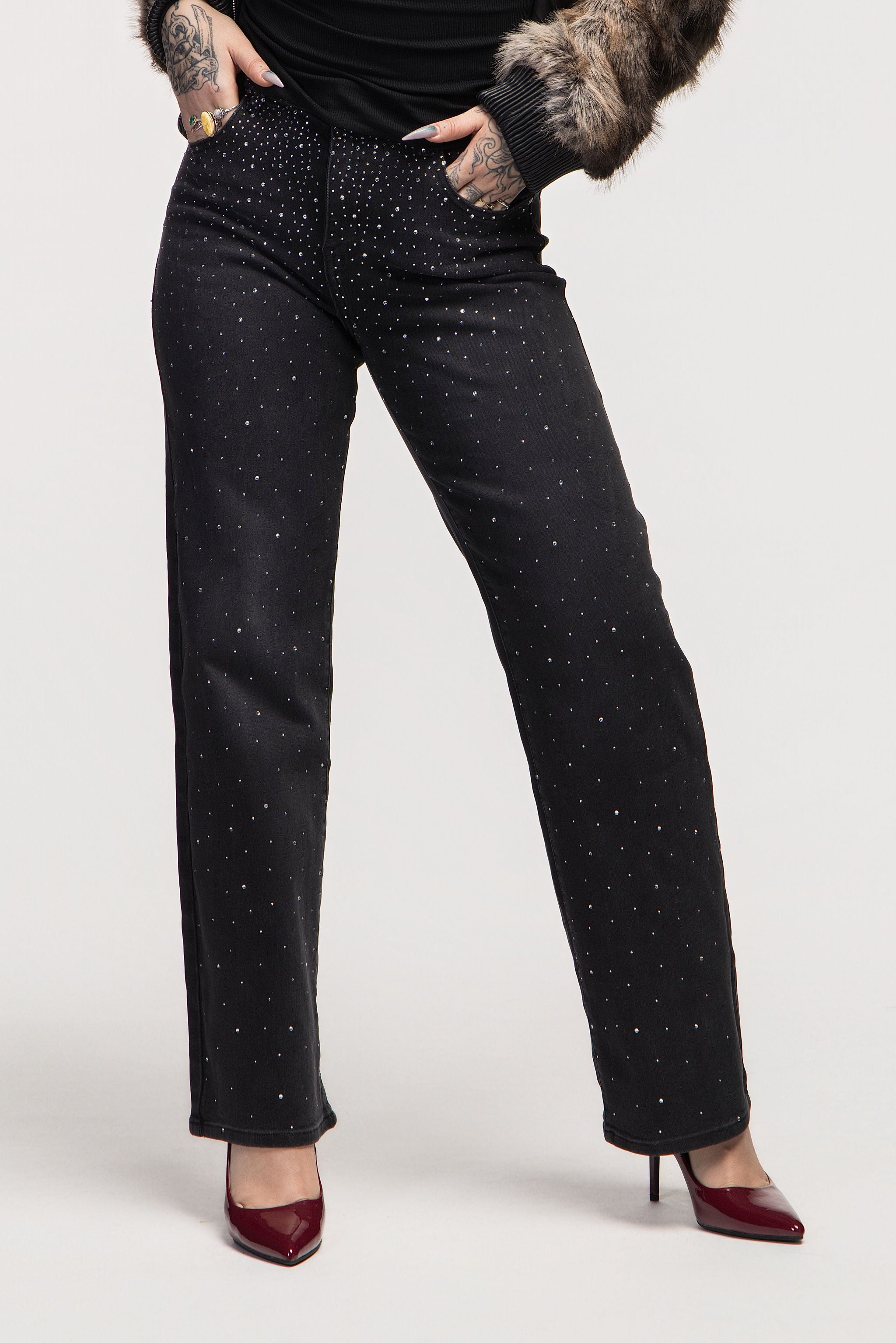Black Rhinestone Wide-Leg Jeans