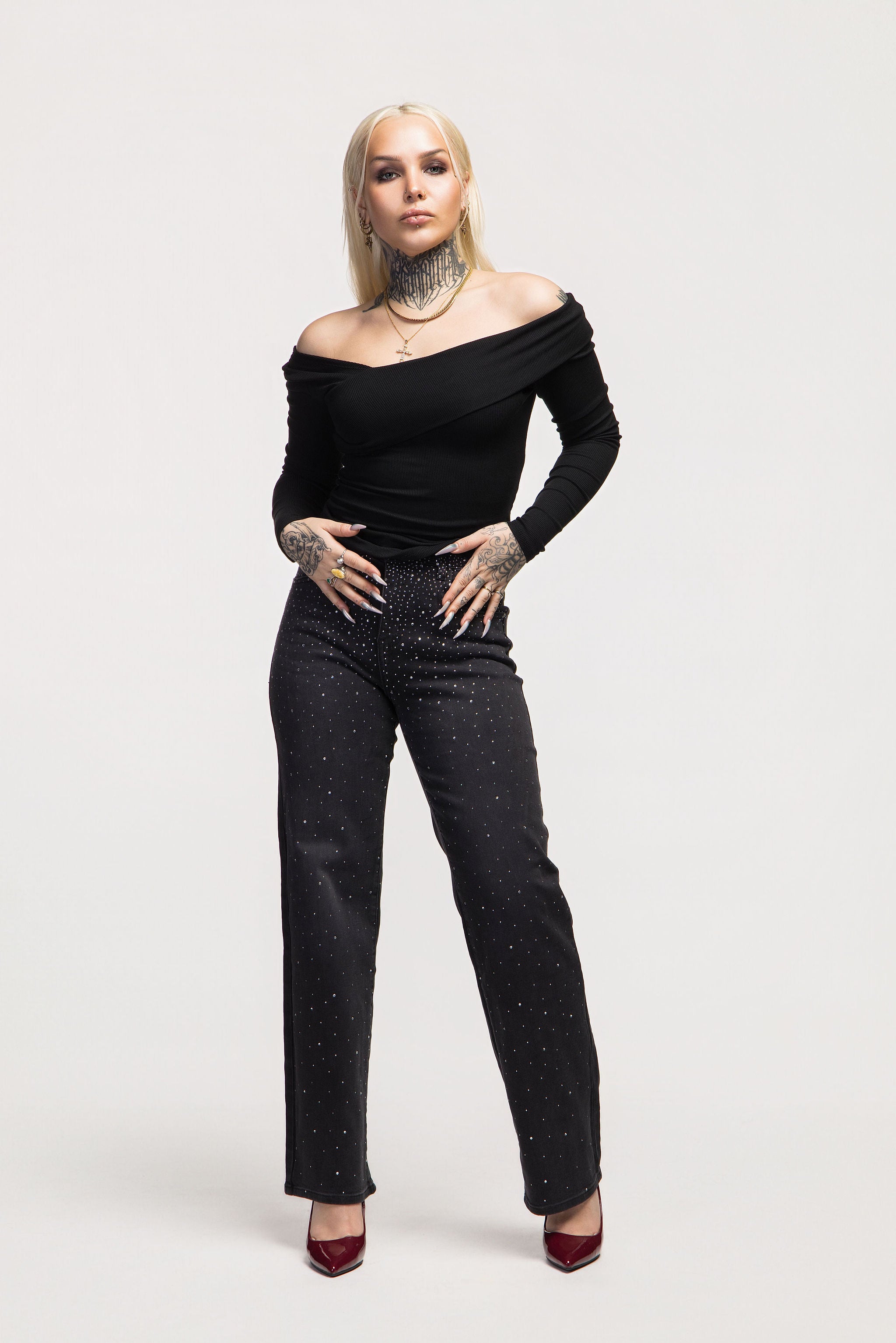 Black Rhinestone Wide-Leg Jeans