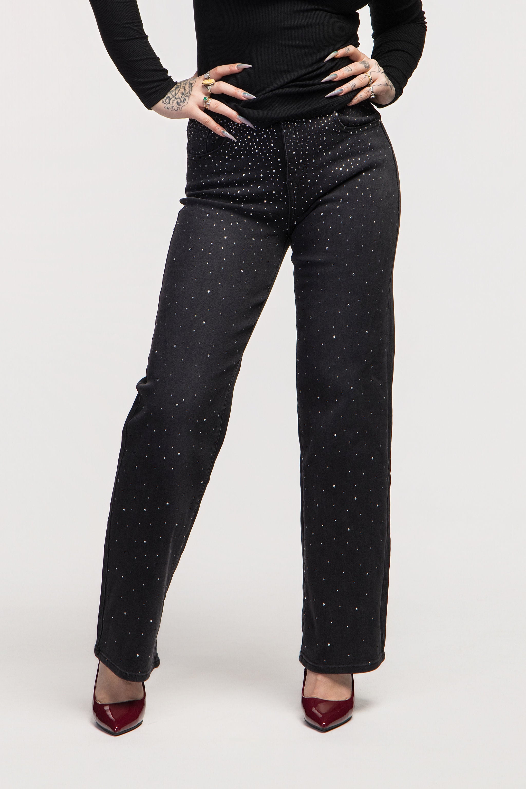 Black Rhinestone Wide-Leg Jeans