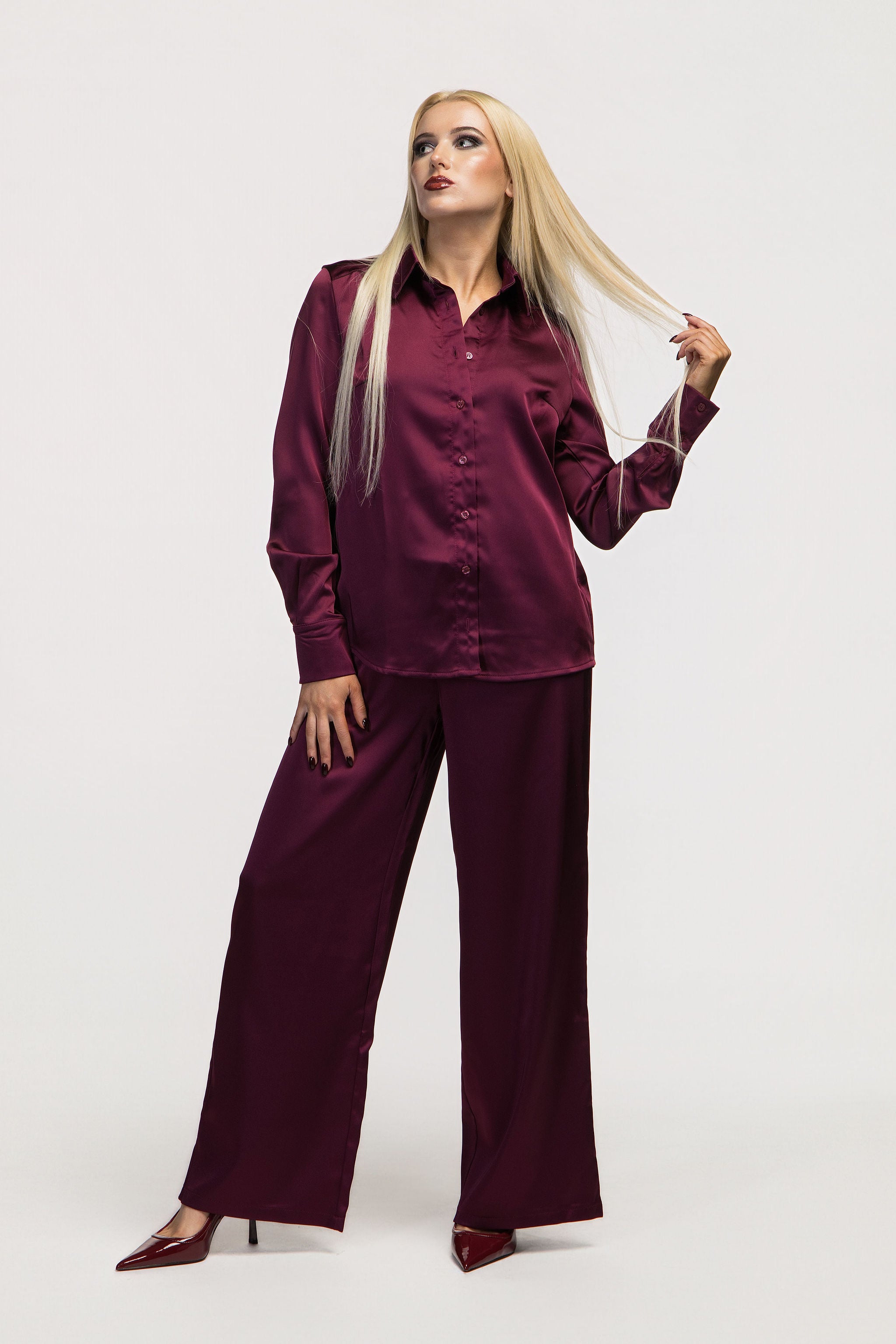 Burgundy Satin Two-Piece Set